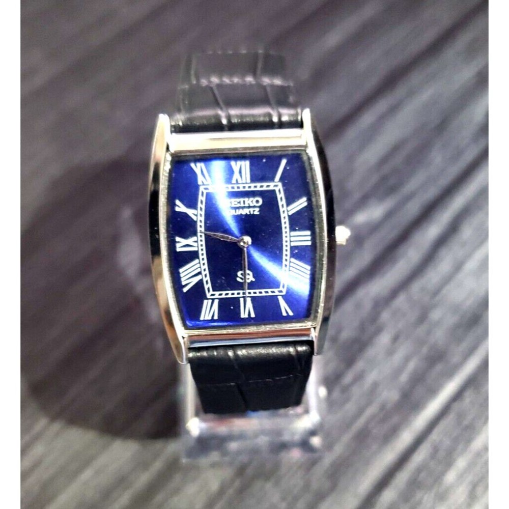 RARE NOS Seiko Mens Tank Barrel Blue Satin Roman Dial Black Leather‎ band…
